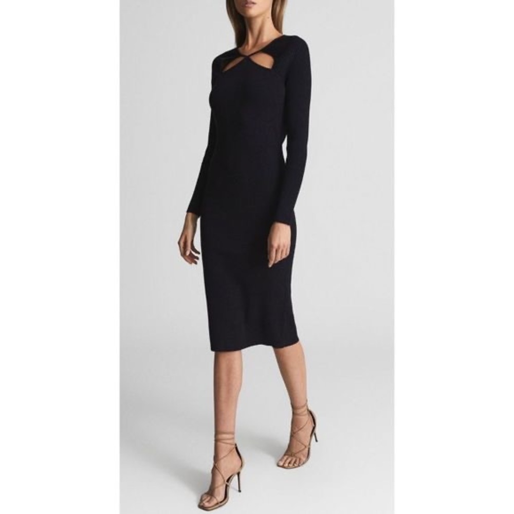 Reiss Black Long-Sleeve Midi Dress with Cutout